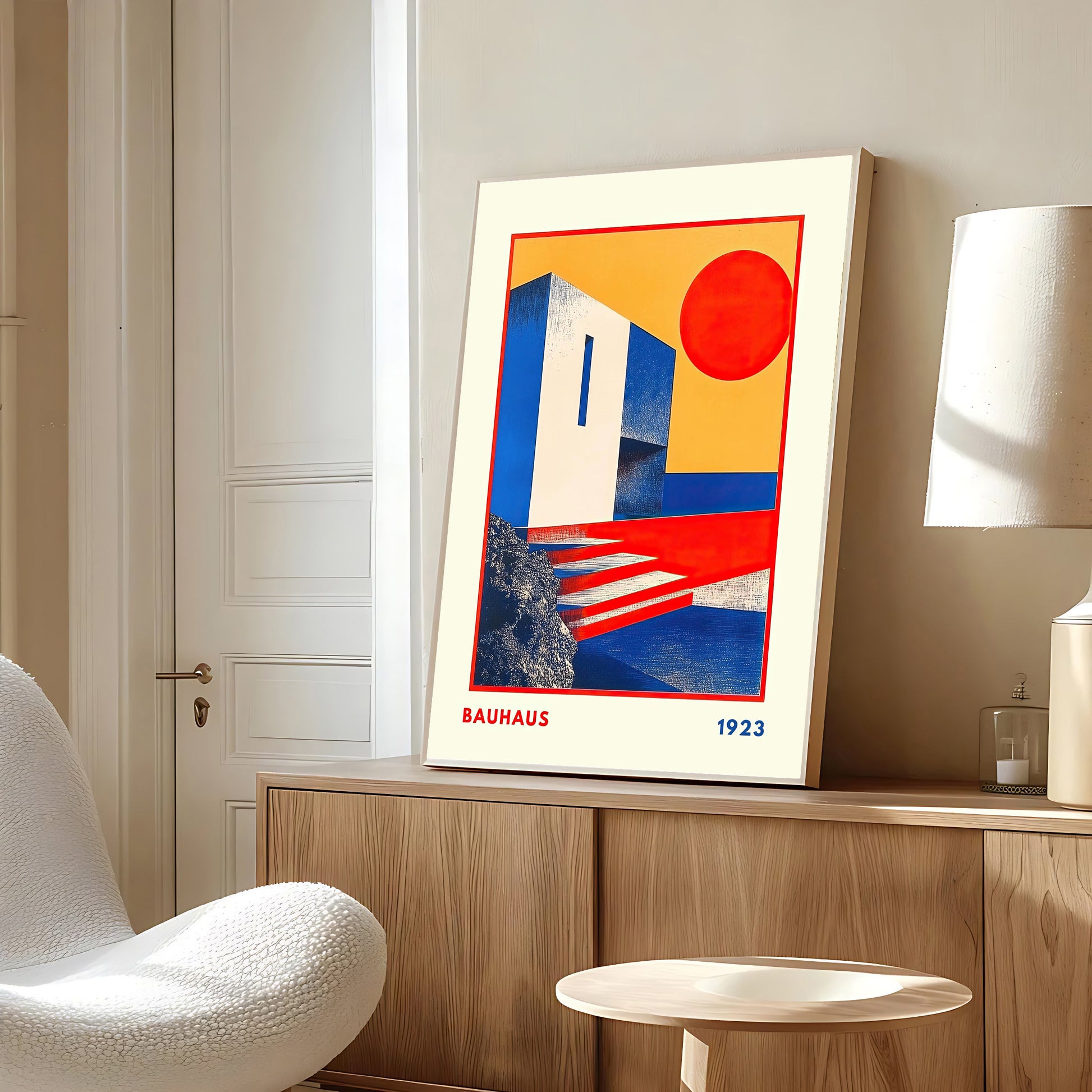 Deep blue, sunset red, and warm yellow Bauhaus modernist poster design