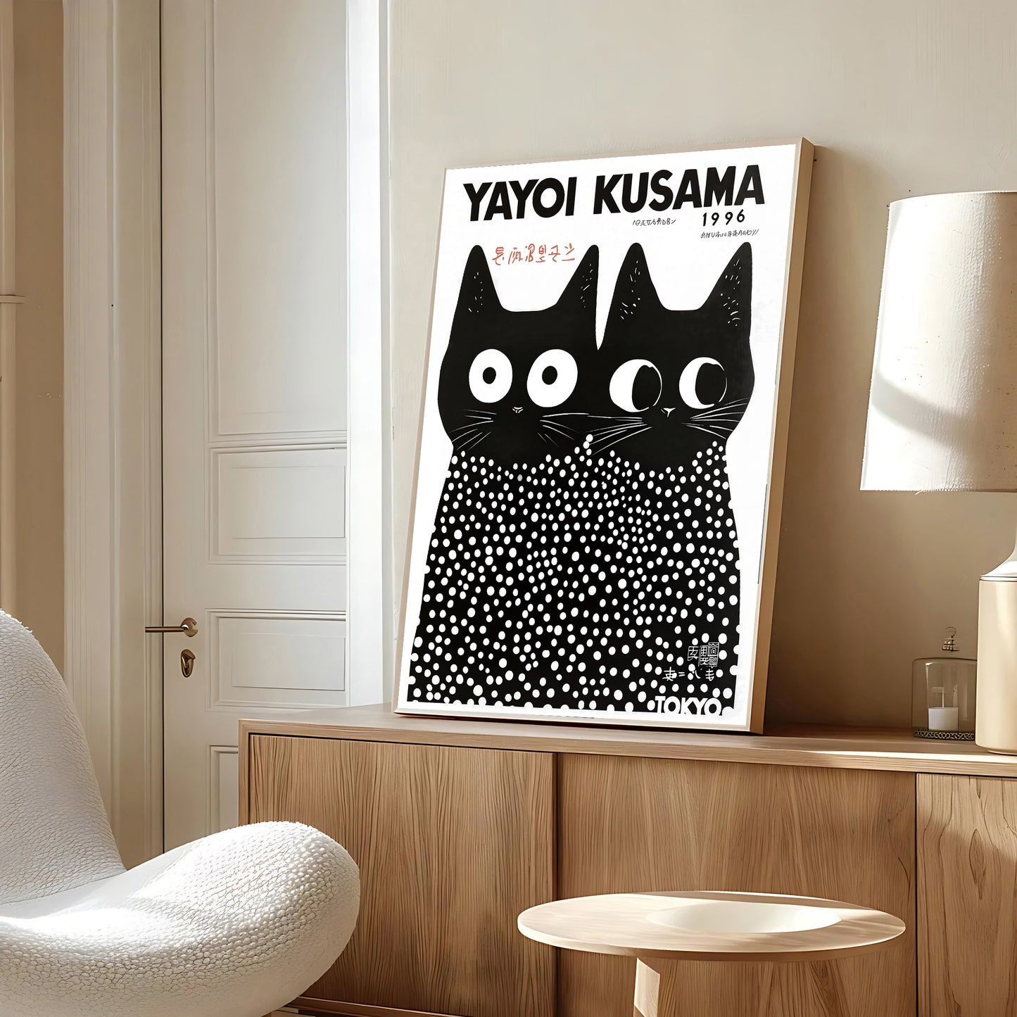 Kusama-style black cats with polka dots print