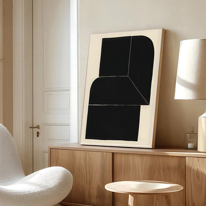 Modern interior with abstract art on a wooden cabinet, white chair, and lamp.