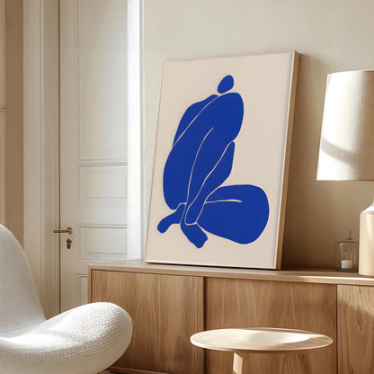 Modern interior with abstract blue artwork on a beige wall