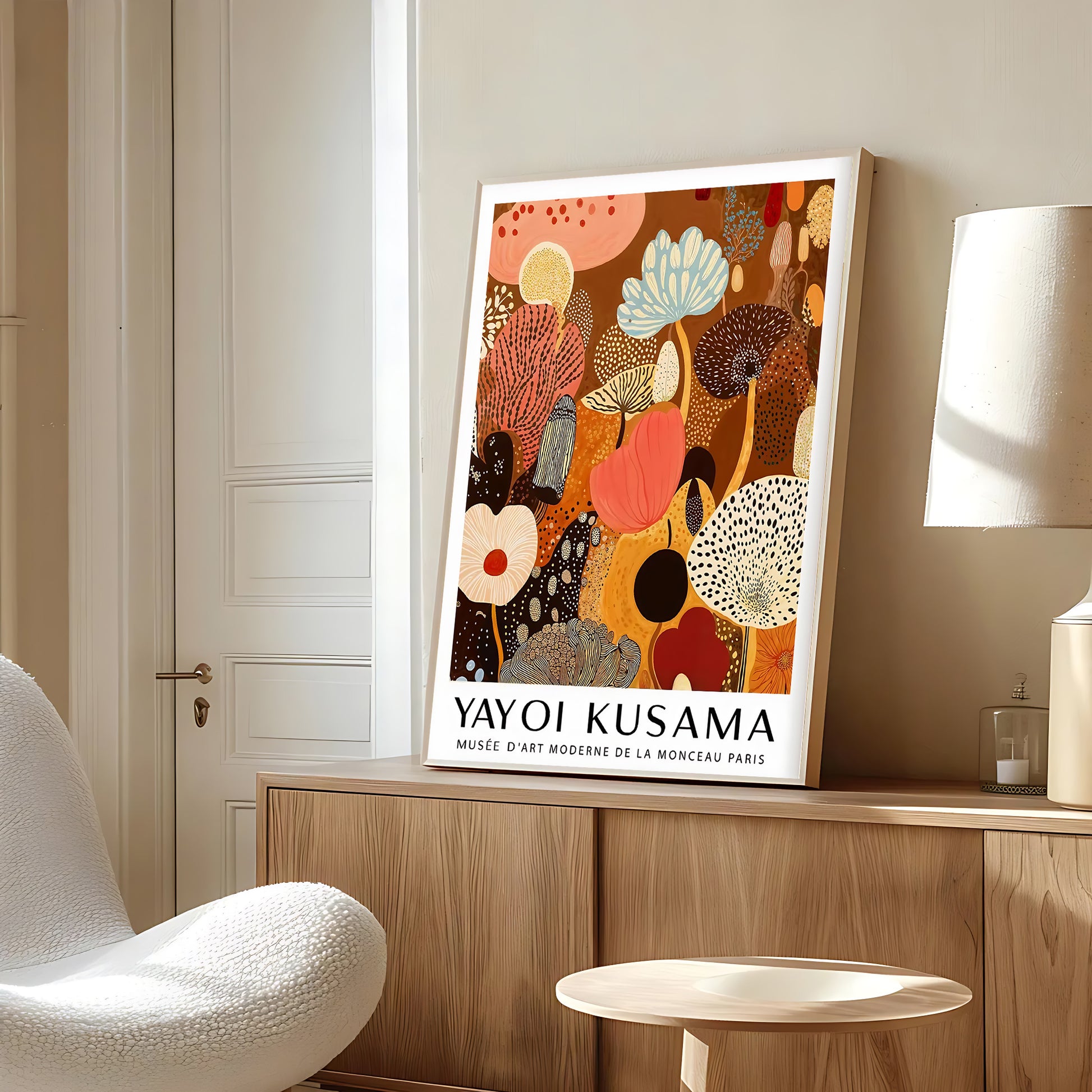 Framed artwork by Yayoi Kusama on a wall in a modern room with a chair and lamp.