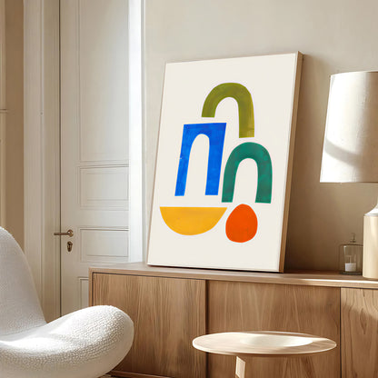Modern interior with abstract art on a wall, white chair, and wooden cabinet.