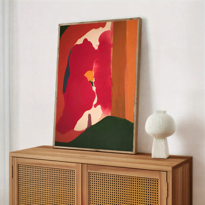 Abstract painting on a wooden cabinet with a white wall background
