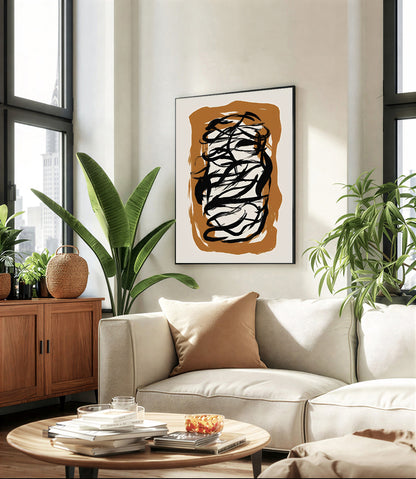 Modern living room with a beige sofa, round wooden coffee table, and abstract art on the wall.