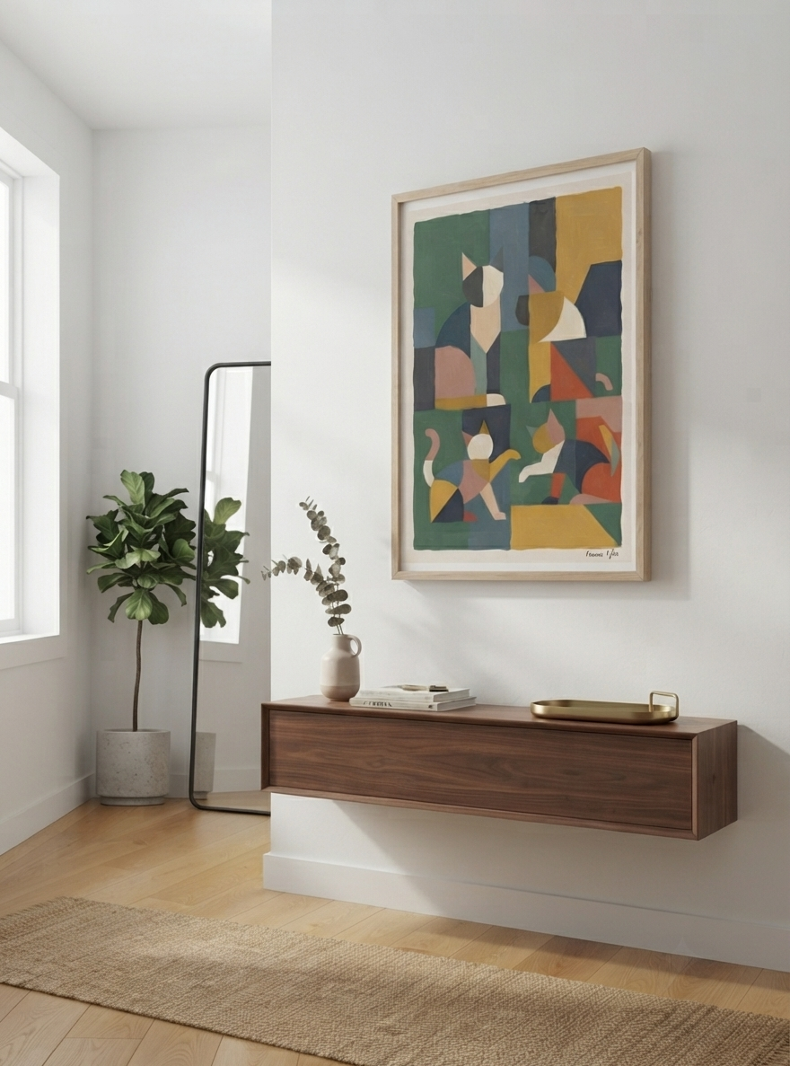 Mid-Century Modern Geometric Cat Acrylic Poster

Premium acrylic artwork for modern living room inspired by Bauhaus and Cubism, showcasing an elegant geometric cat by Francis Pylae.