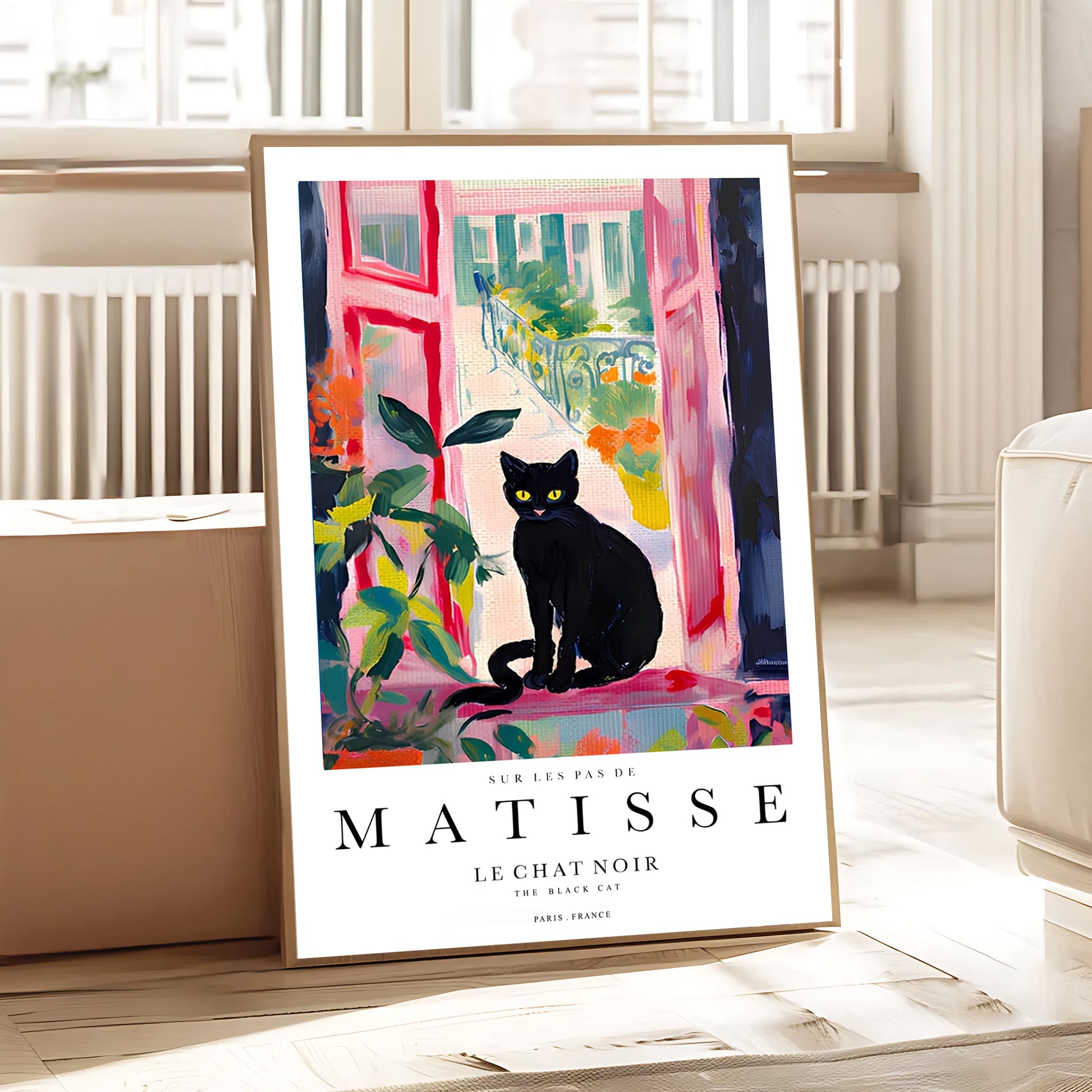 Vibrant black cat wall art with pink and green colours