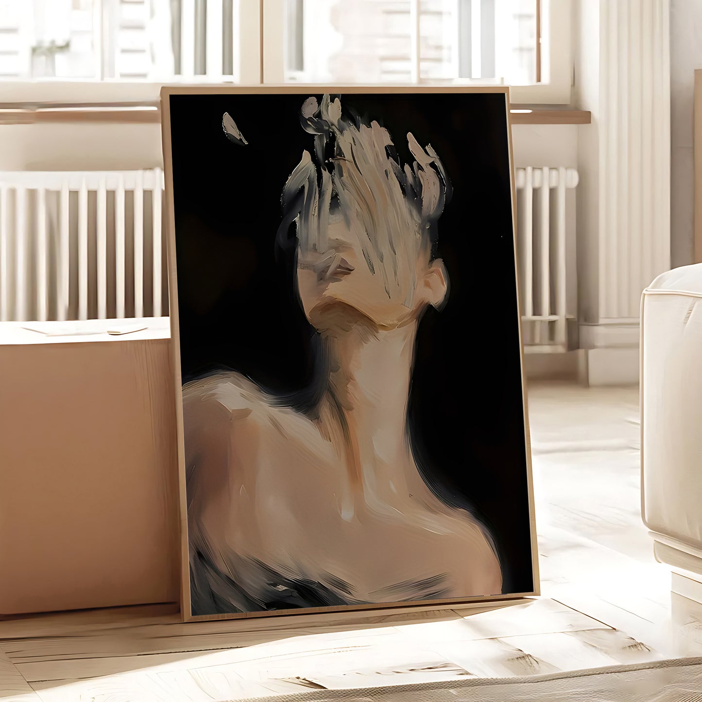 Minimalist dark aesthetic portrait wall art framed in black border.