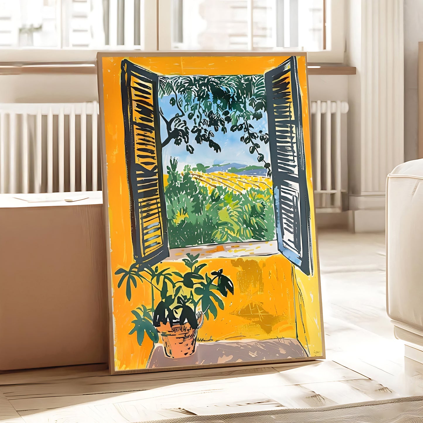 Contemporary Matisse window scene with shutters