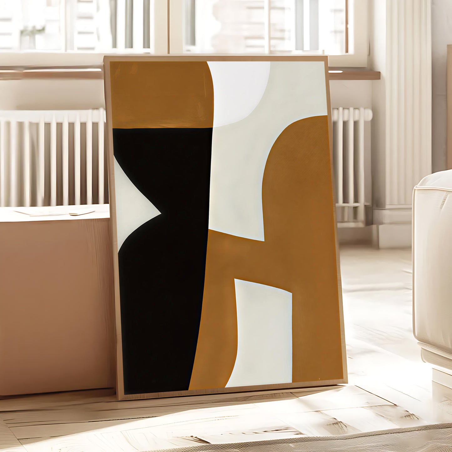 Abstract art piece with geometric shapes on a wooden surface