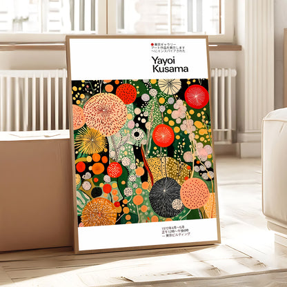 Framed Yayoi Kusama artwork in a room with a radiator and window.