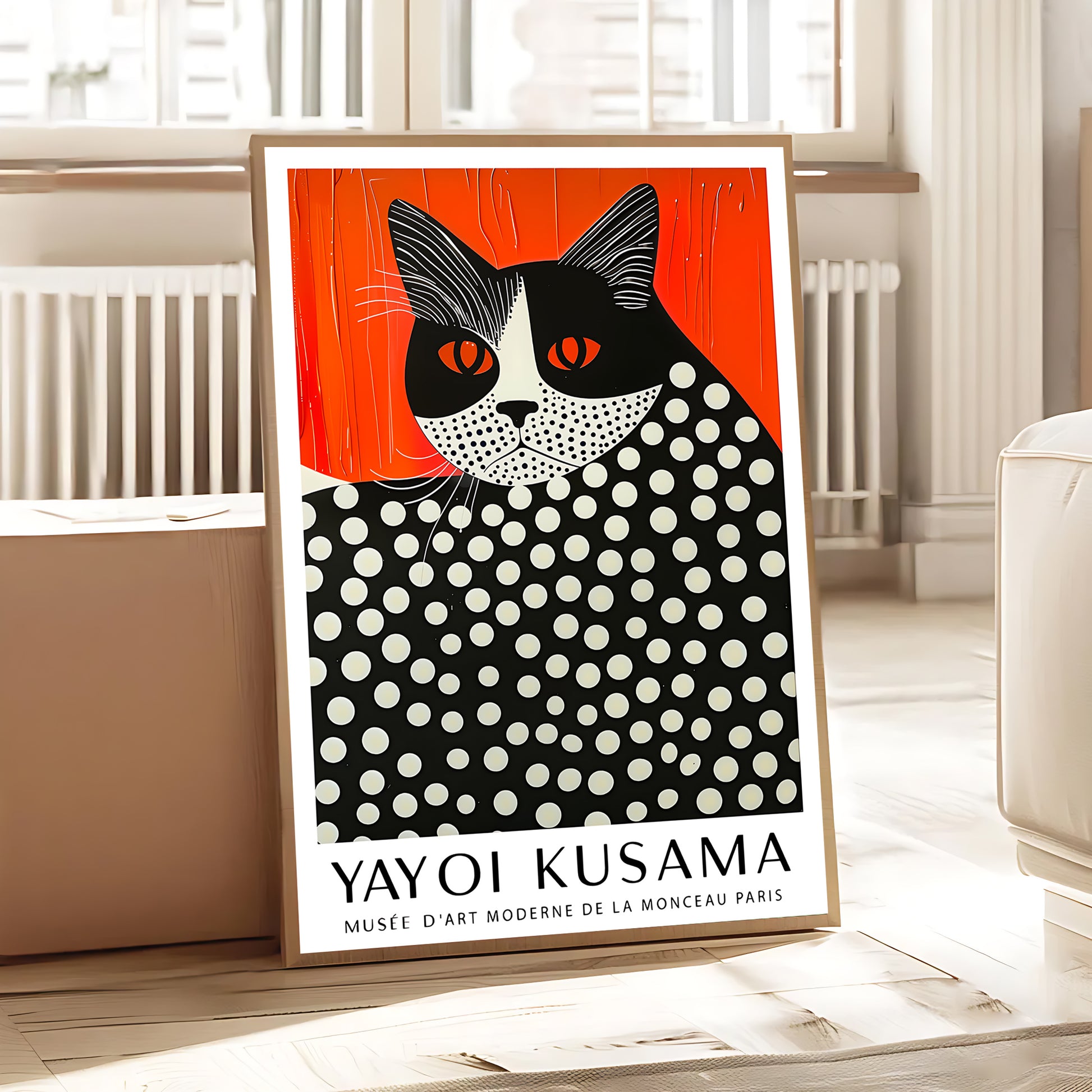Contemporary art poster featuring Yayoi Kusama cat design with polka dots and orange background, styled in bright natural light on wooden floor.