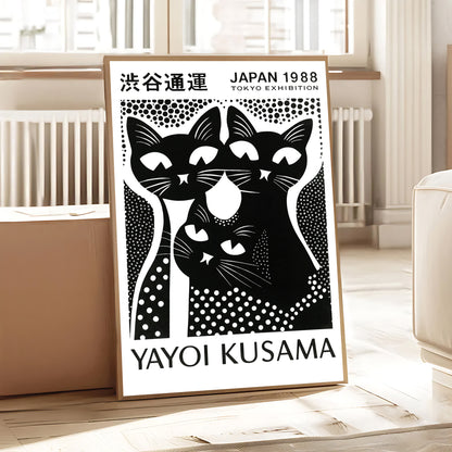 Japanese style cat art print with polka dot pattern