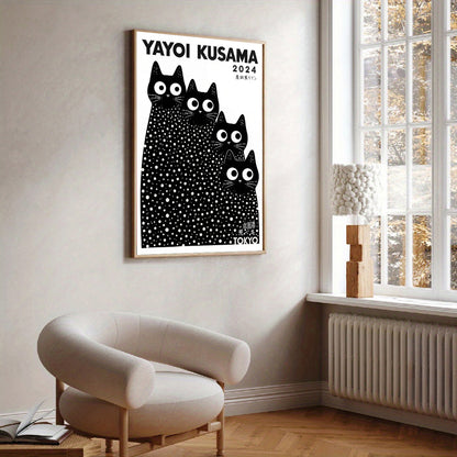 Framed artwork of black cats with white dots by Yayoi Kusama in a modern living room.