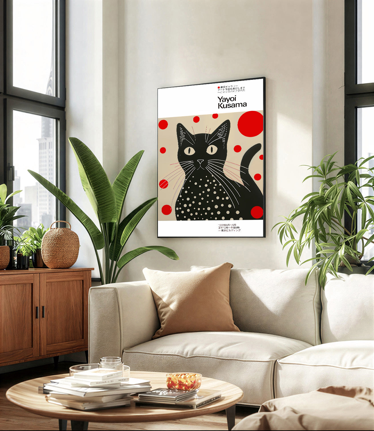 Living room with a sofa, coffee table, and a framed artwork of a Yayoi kusama inspired black cat art print with polka dots on the wall.