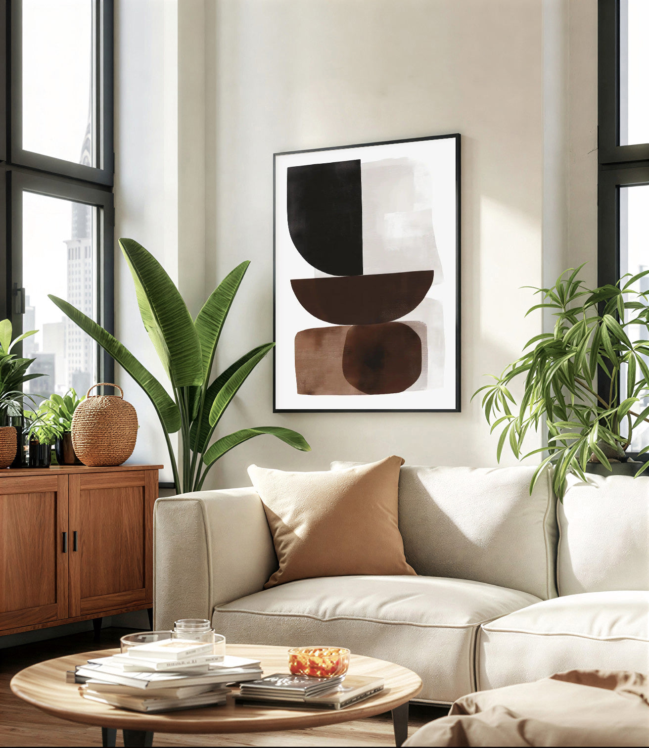 Modern living room with a beige sofa, round wooden coffee table, and abstract art on the wall.