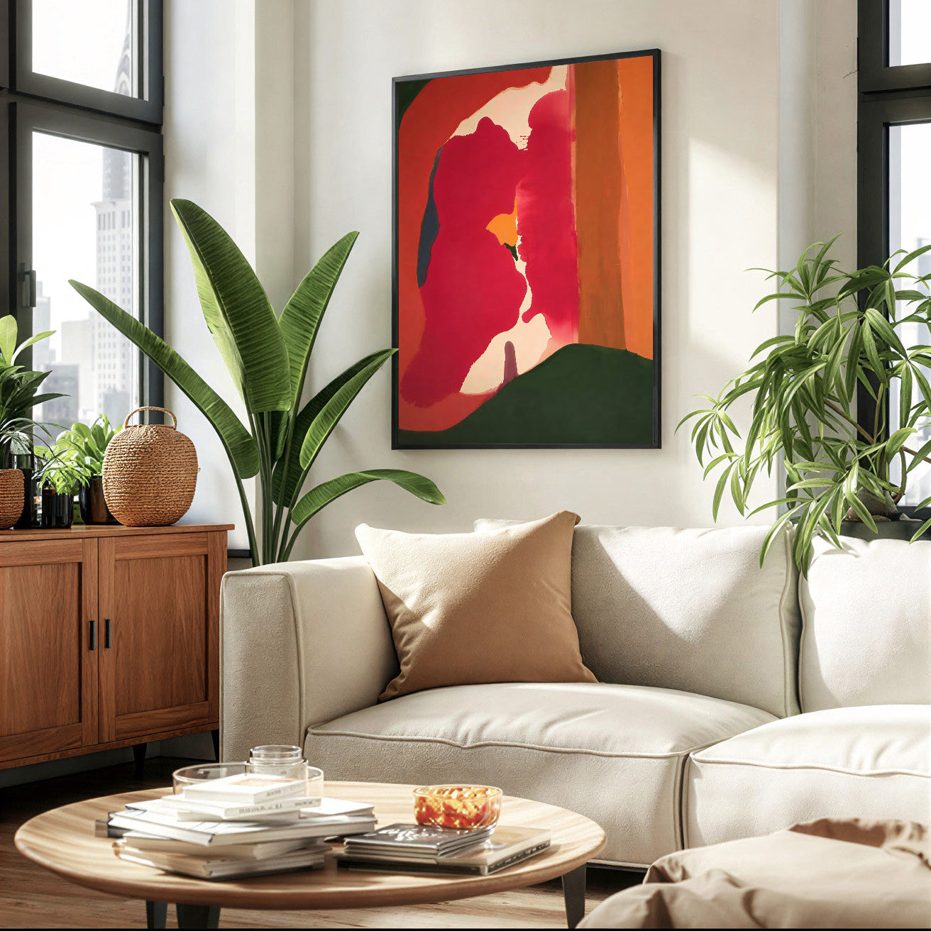 Modern living room with a beige sofa, round wooden coffee table, and abstract art on the wall.
