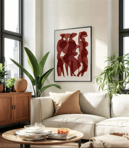 Modern living room with a beige sofa, round wooden coffee table, and abstract red artwork on the wall.