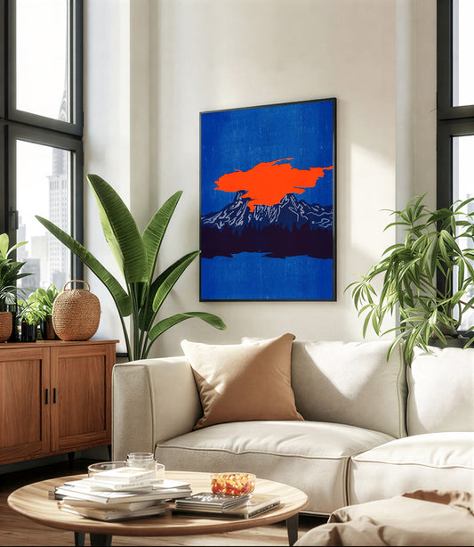 Modern living room with a beige sofa, wooden side table, and abstract art on the wall.