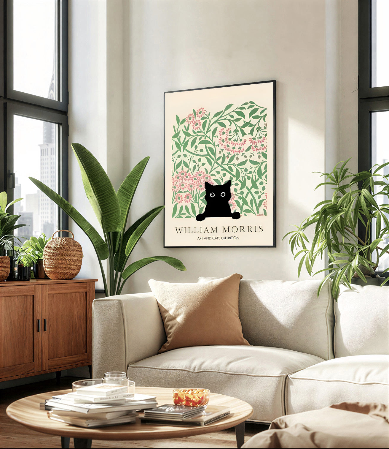Living room with a sofa, coffee table, and a framed William Morris print on the wall.
