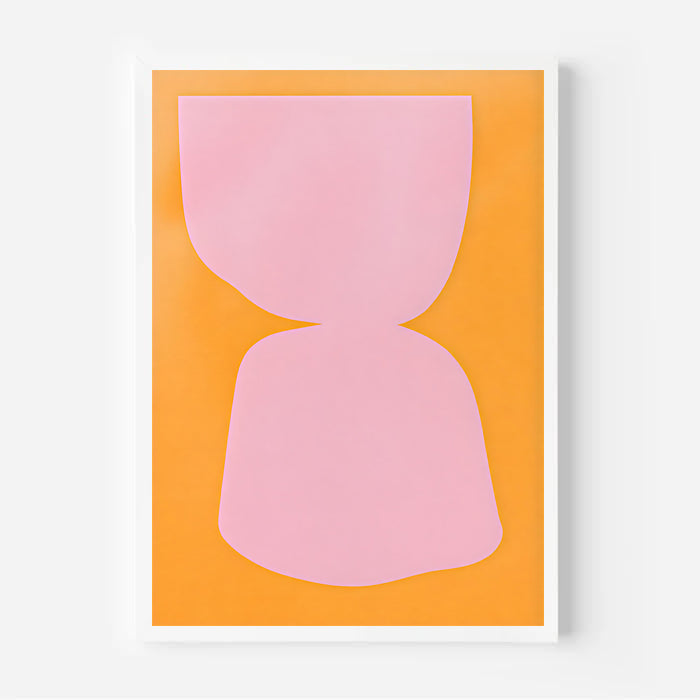 Abstract art print with pink shapes on an orange background