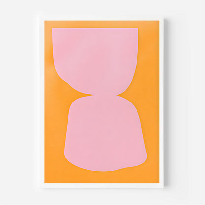 Abstract art print with pink shapes on an orange background