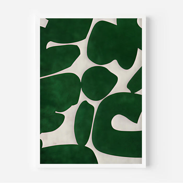 Framed artwork with green leaf pattern on a white background