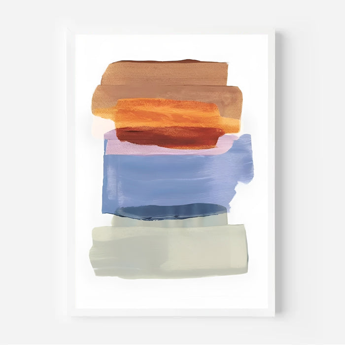 Abstract art print with horizontal brush strokes in brown, orange, blue, and green on a white background