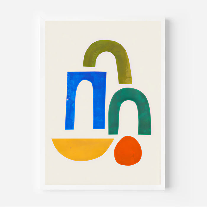 Abstract art print with colorful geometric shapes on a beige background