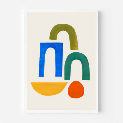 Abstract art print with colorful geometric shapes on a beige background