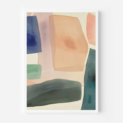 Abstract art print with geometric shapes in blue, green, and brown on a white background