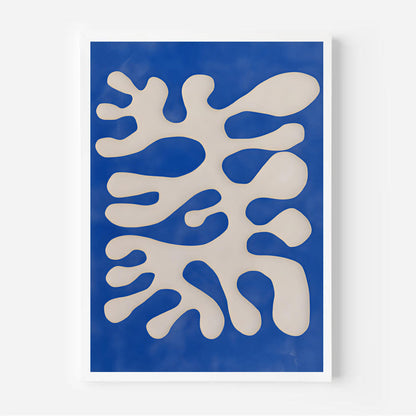Abstract art print with white shapes on a blue background