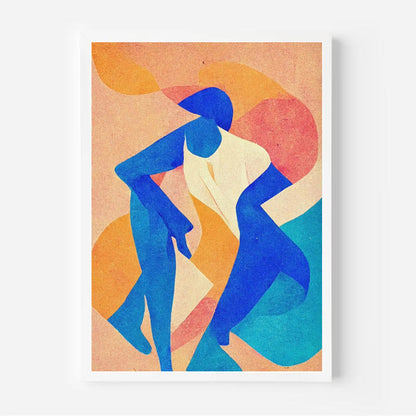 Abstract art print with blue figures and colorful geometric shapes on a beige background
