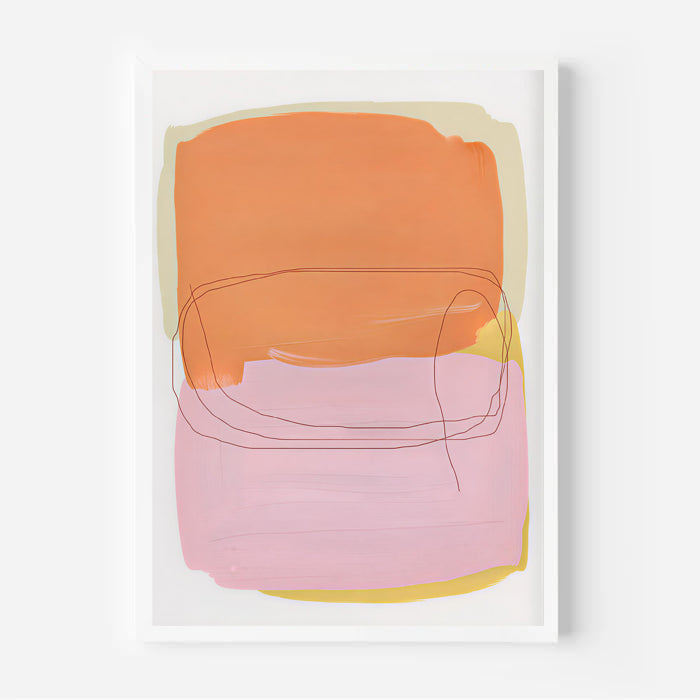 Abstract art print with orange and pink shapes on a white background