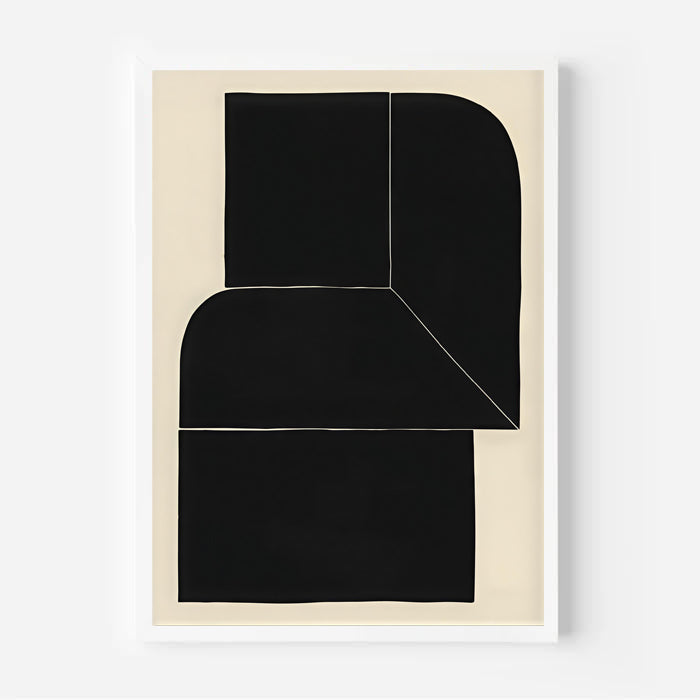 Abstract art print with black shapes on a beige background