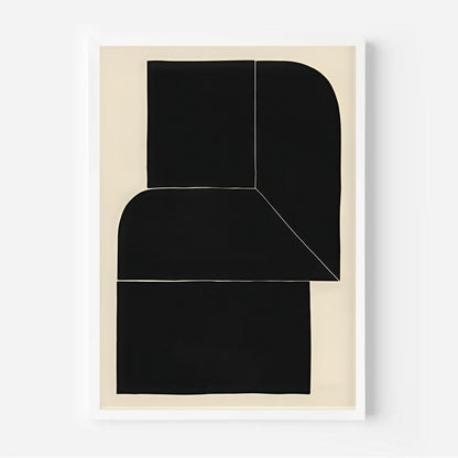 Abstract art print with black shapes on a beige background
