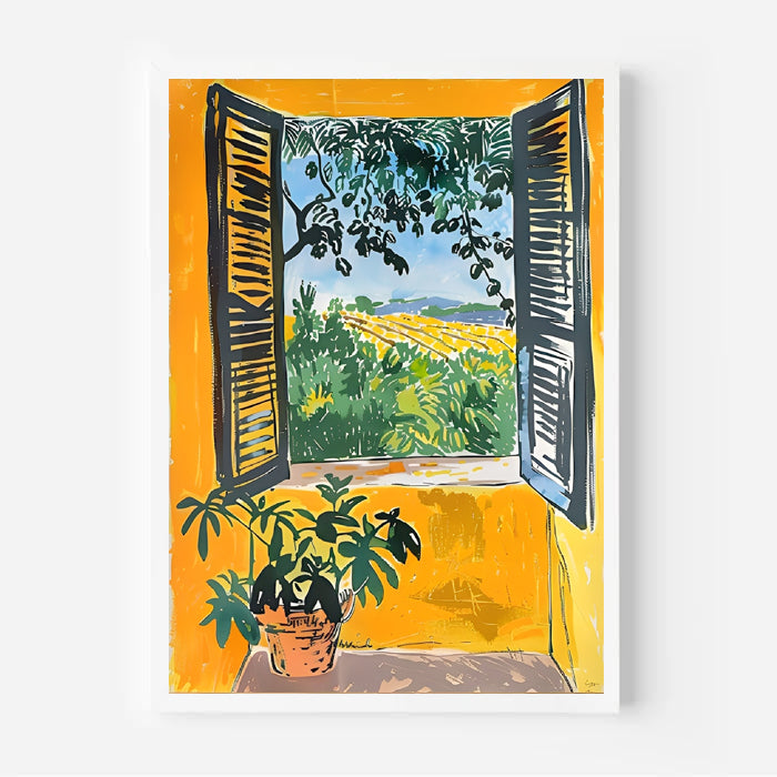 Modern Matisse window print with plant and landscape