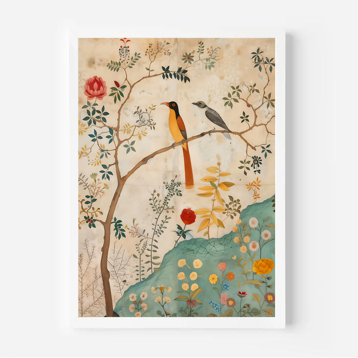 Decorative poster with birds on a branch and floral elements on a beige background