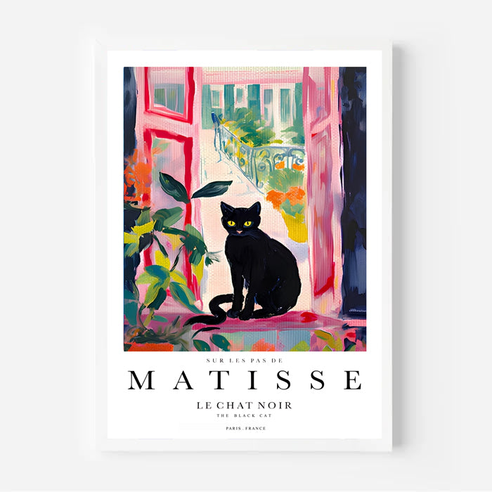 Art print with plants, window, and black cat in bright colours