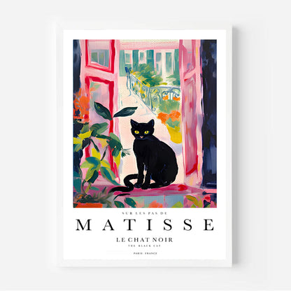 Art print with plants, window, and black cat in bright colours