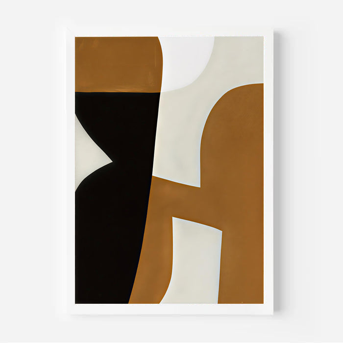Abstract art print with geometric shapes in brown, black, and white on a white background