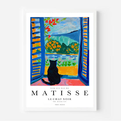 Poster of Matisse's 'Le Chat Noir' with a black cat and open window scene.