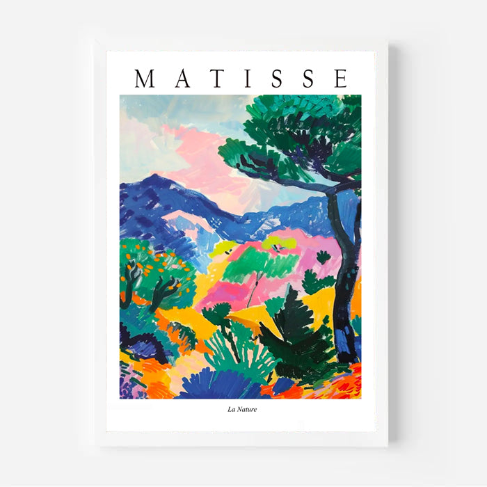 Colorful landscape painting with 'Matisse' branding on a white background