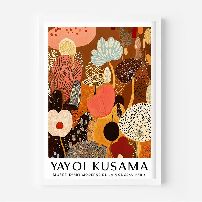 Yayoi Kusama artwork with abstract floral design on a white background