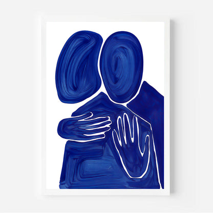 Abstract art piece with blue and white shapes on a white background