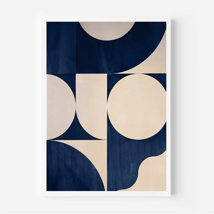Geometric abstract design with circles and squares in navy and beige on a white background