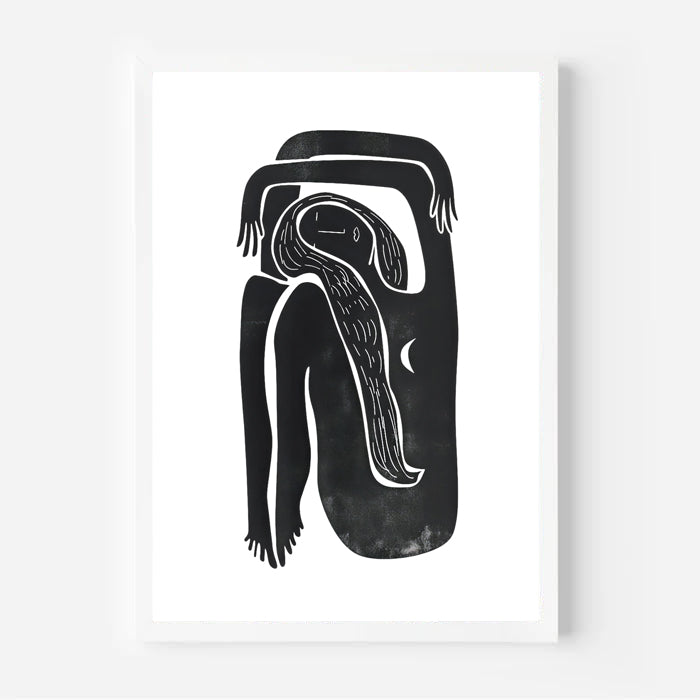 Black and white abstract artwork on a white background