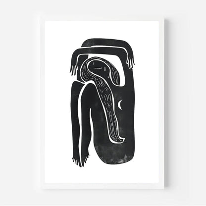 Black and white abstract artwork on a white background