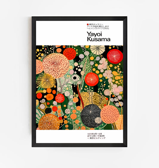 Framed artwork by Yayoi Kusama with colorful abstract design on a white background