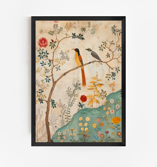 Framed artwork with birds on a branch and floral elements on a beige background