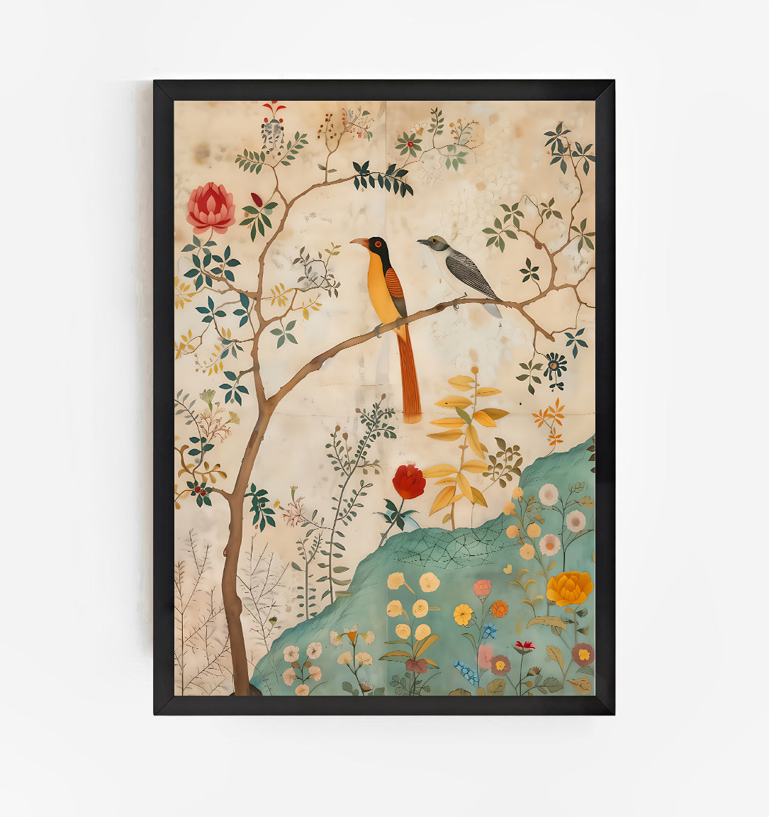 Framed artwork with birds on a branch and floral elements on a beige background